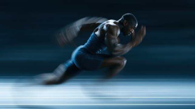 Athlete sprinting on running track, powerful motion blur sports photography, dramatic stadium atmosphere