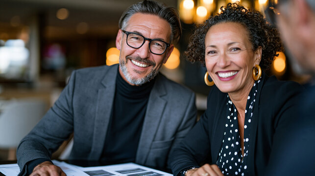 Professional stock photo of female wealth manager and male client discussing sustainable investment portfolio allocation at premium private banking office desk, printed green inves