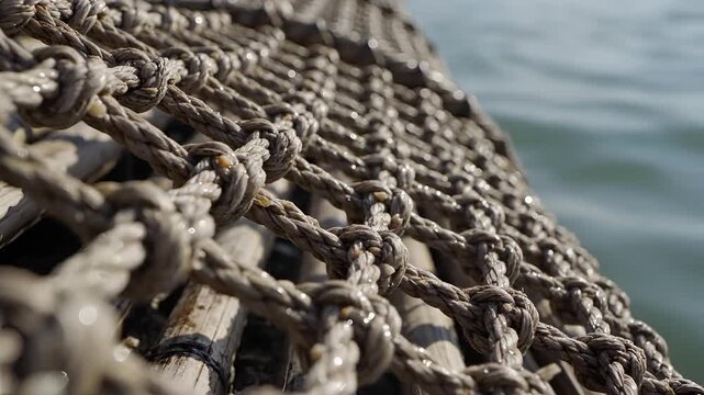 Closeup of a thick weathered fishing net with water in the background.