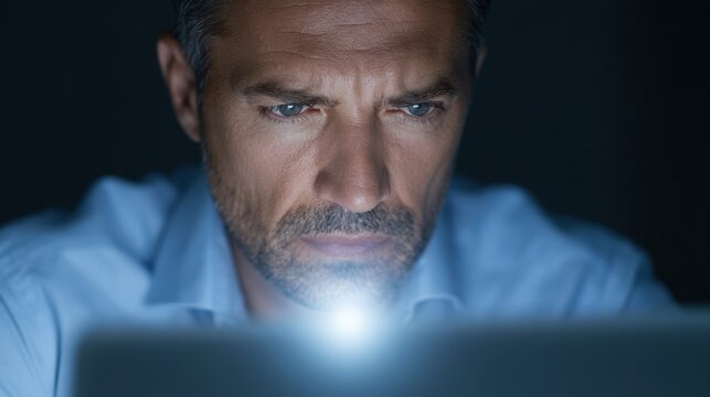 Office worker using flashlight to continue working during blackout