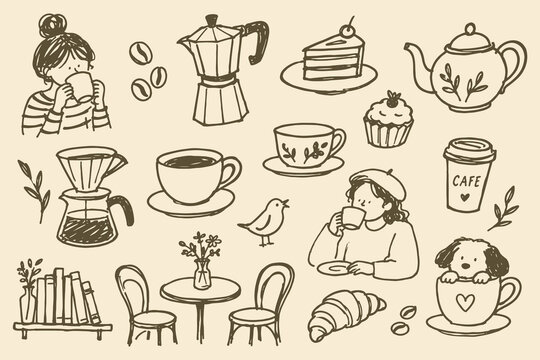 Coffee Cafe Set Sketch Doodle Vintage Vector