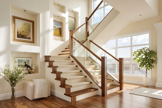 U-shaped staircase with landings, dark walnut treads, glass balustrade, recessed wall niches with art, spacious home, soft diffused light from windows