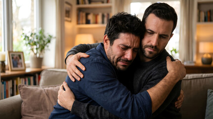 Fototapeta premium Man crying being comforted by friend hug
