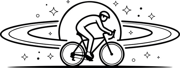 Cyclist riding bike in front of large saturn planet symbol with stars in background for cosmic cycling adventure art. © MD MAHAFUJUR RAHMAN