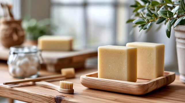 Zero-waste bathroom shelf scene in bright minimal home interior, wide medium front view, camera pulled back, wider framing. Solid shampoo bar and solid conditioner bar slightly rig