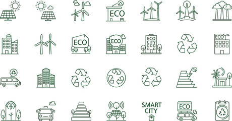 Fototapeta premium Green eco city outline icons mega set with renewable energy solar panels wind turbines recycling and smart city symbols