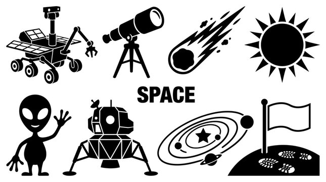 Space Exploration Vector Icon Set with Mars Rover Telescope Alien Lunar Lander and Solar System Elements