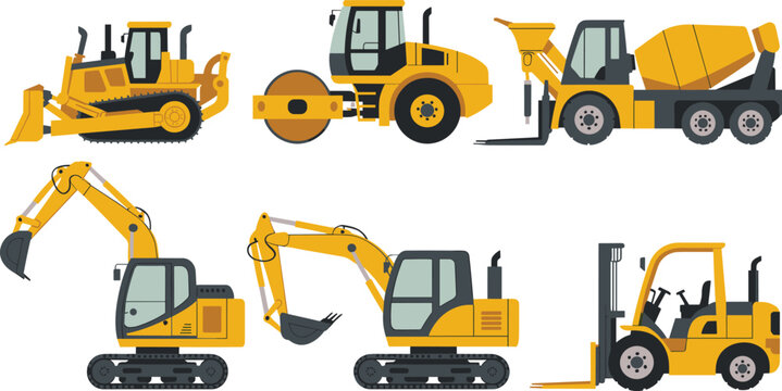 Vector flat illustration set of heavy industrial construction machinery featuring bulldozer road roller excavators forklift and concrete mixer truck