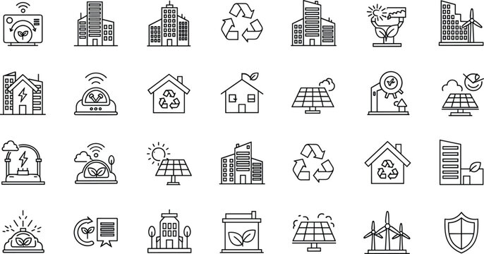 Green eco city outline icons mega set with renewable energy solar panels wind turbines recycling and environment symbols