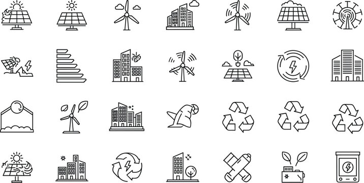 Green eco city outline icons mega set with renewable energy solar panels wind turbines recycling and sustainable environment symbols