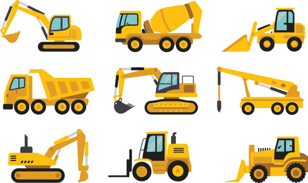Vector flat illustration set of yellow construction vehicles including excavators dump truck concrete mixer crane bulldozer and forklift icons