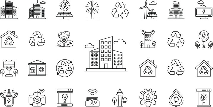Green eco city outline icons mega set with renewable energy solar panels wind turbines recycling and environment symbols
