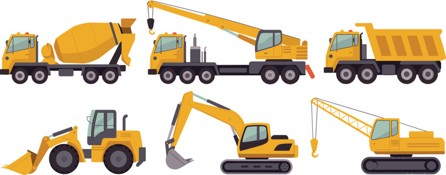 Vector flat illustration set of yellow heavy construction vehicles including cement mixer truck crane dump truck wheel loader and excavator