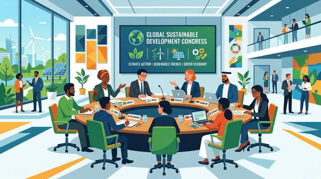 ​Global sustainable development congress vector illustration with international diverse business people meeting in conference room for climate action