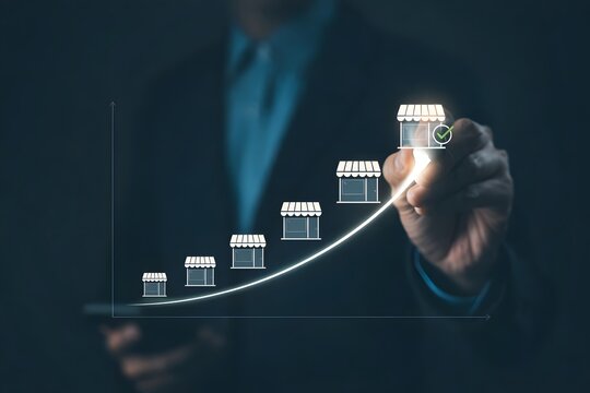 Franchise concept. Franchise Business Growth and Expansion Strategy Visualization. Entrepreneur visualizing franchise growth trajectory with increasing store icons on a digital upward trend graph.
