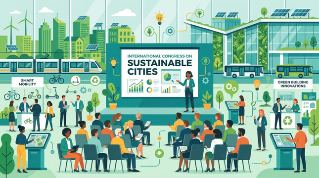 International congress on sustainable cities vector illustration with business people presentation on smart mobility and green building innovations