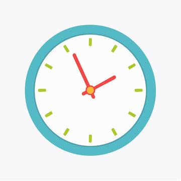 Flat design clock face with red hands on white background