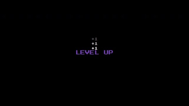 Retro 8-Bit Pixel Level Up Text Animation with Glitch Effect and Floating Plus One Icons