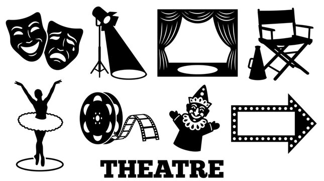Theatre and Cinema Silhouette Icon Set Featuring Comedy and Tragedy Masks, Stage Curtains, Spotlight, Ballerina, Film Reel, and Director Chair Vector Illustration