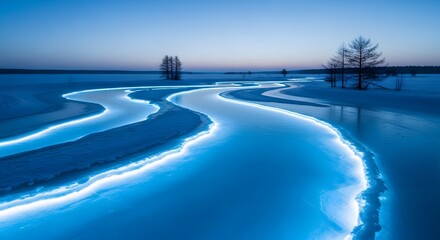 Fototapeta premium A winding river illuminated with blue light flows through a snowcovered landscape at dusk