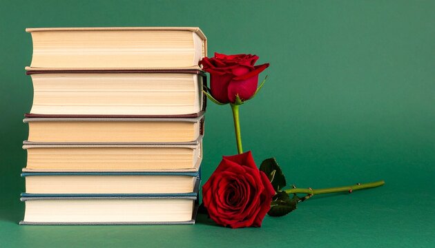 Stack of green books with red rose, romance and knowledge
