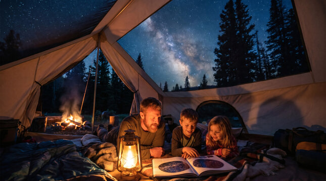 Family camping adventure under starry night sky, father and children reading book inside tent by lantern light, milky way galaxy over pine forest wilderness, cozy outdoor summer vacation.