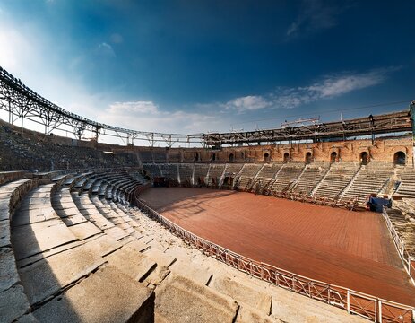 ancient amphitheatre wide view with empty seats and event stage rigging