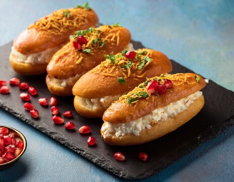dabeli sandwiches with sev peanuts and pomegranate