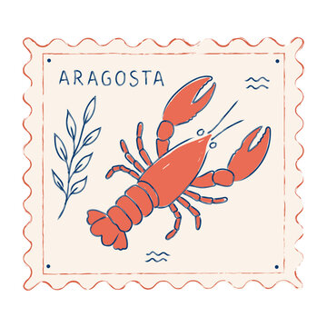 Vintage Amalfi Coast postage stamp featuring a lobster and Mediterranean seafood motifs in Italian coastal style
