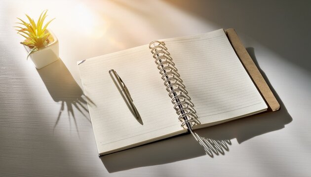 open blank notebook and pen on a white desk illuminated by sunli