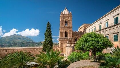 Fototapeta premium sicilian cathedral bell tower with stone architecture and greenery