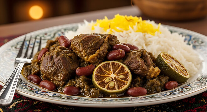 Ghormeh sabzi stew with beef and rice is served on a plate for a lunch menu invitation.