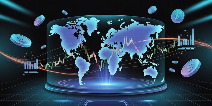 A futuristic 3D holographic display shows a world map with graphs and charts.