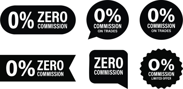 Colorful promotional badges featuring "0% ZERO COMMISSION" text. in various shapes, such as speech bubbles, circles, and rectangular tags with corner accents use in e-commerce and finance concept. 