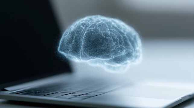 Artificial intelligence brain hologram above laptop, machine learning, neural network, futuristic business technology concept