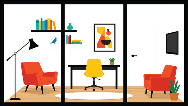 Modern office interior flat vector illustration with glass partition desk yellow chair orange armchairs and decor
