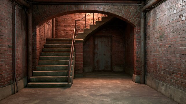 Vintage Basement with Red Brick Walls - Photorealistic Sharp Focus