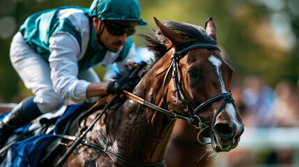Obraz premium Jockey leaning forward in saddle during horse race, close up action with focused concentration and dynamic sports energy, photorealistic