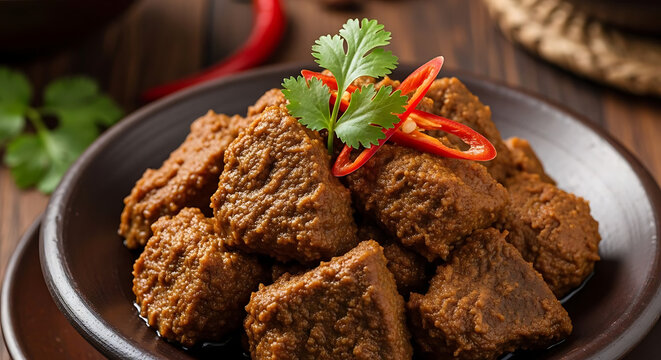 Beef rendang served in a rustic bowl provides a rich and flavorful traditional Indonesian dish.