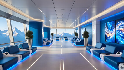 Fototapeta premium Modern futuristic airport lounge with mountain view, blue neon lighting, digital screens