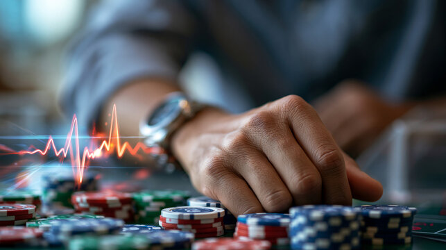 Close-up of a hand and wrist over casino chips showing risk pulse, heartbeat tension and emotional stakes in a photorealistic gambling scene