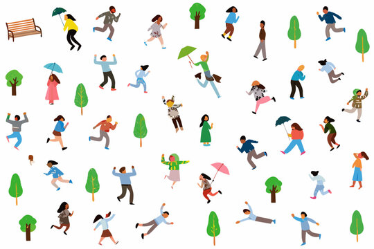 People Trees And Park Benches A Colorful Vector Illustration