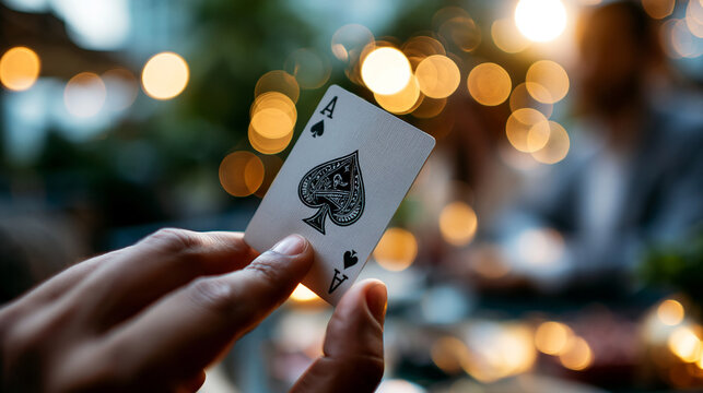 Close up ace of spades held between fingers with blurred casino background, tension and luck symbolism in photorealistic premium stock style