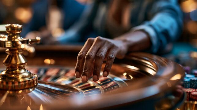 Hand reaching toward a roulette table in an elegant casino atmosphere symbolizing chance of success with shallow depth of field