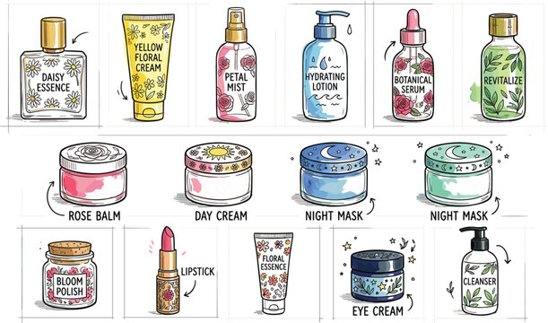 Organic skincare and cosmetics product collection hand drawn sketch vector set featuring jars bottles lipstick lotion and creams