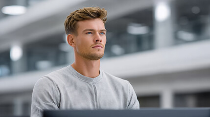 Fototapeta premium Young adult man office modern workspace professional focused technology casual male employee business workplace confident