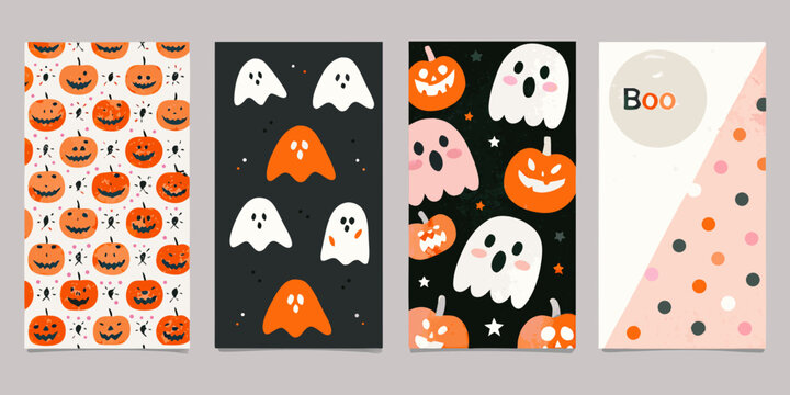 Halloween themed greeting cards colorful vector illustration set
