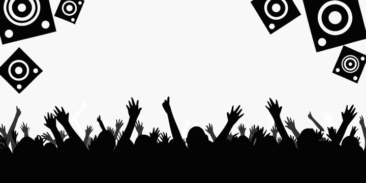 Crowd Silhouette And Speaker Icons Black Illustration On White Background