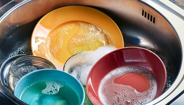 colorful dirty dishes in soapy water with bubbles in kitchen sink
