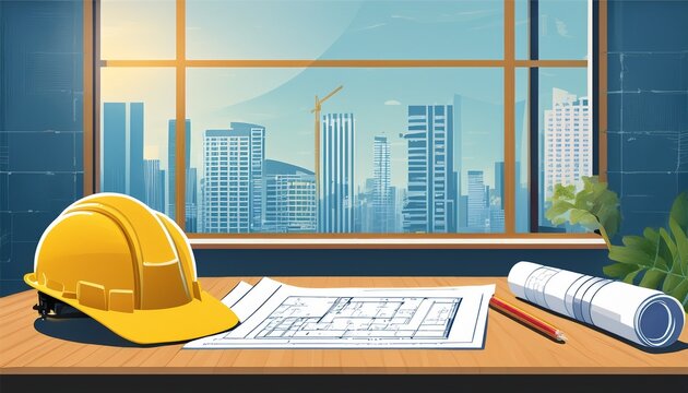 estimates and blueprints on estimator desk job in construction estimation yellow hard hat on scrolls laptop window construction industry concept planning pricing and budgeting